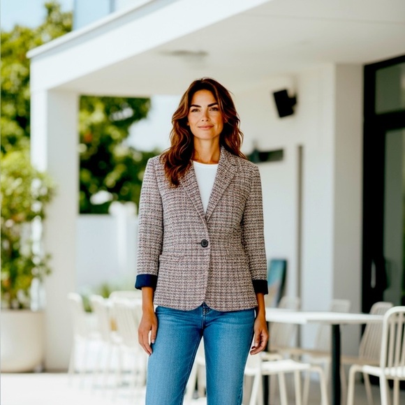 Sag Harbor Jackets & Blazers - Sag Harbor Women's Tweed Blazer - Navy and Pink